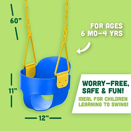 Squirrel Products High Back Full Bucket Toddler Swing with Exclusive Chain & Triangle Dip Pinch Protection and Carabiners for Easy Install - Blue
