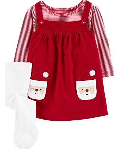 Carter's 3-Piece Holiday Red Striped Bodysuit & Santa Jumper Set with Tights (Red/White, 3 Months)