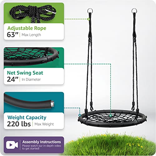 Sorbus Spinner Swing  Kids Round Web Swing  Great for Tree, Swing Set, Backyard, Playground, Playroom  Accessories Included [New Improved 2020 Design!] (24" Net Seat)