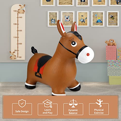 Inpany Bouncy Horse Hopper- Brown Inflatable Jumping Horse, Ride on Rubber Bouncing Animal Toys for Kids/ Toddlers/ Children/ Boys/ Girls ( Pump Included)