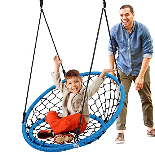 Serenelife Hanging Netted Seat Swing - 35.5" Inch Kids Indoor Outdoor Yard Round Circle Saucer Swing for Trees or Swing Sets - All Season UV Resistant Rope Swing Net Seat - SLSWNG125