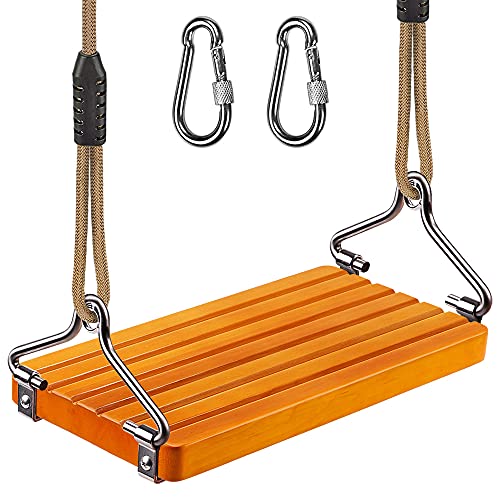SELEWARE 17.5" X 8.2" Non Slip Wooden Swing, Hanging Wooden Tree Swing Seat with Length Adjustable Nylon Rope and Stainless Steel Snap Hook Swing Set for Adult Kid Indoor Outdoor Playground Backyard