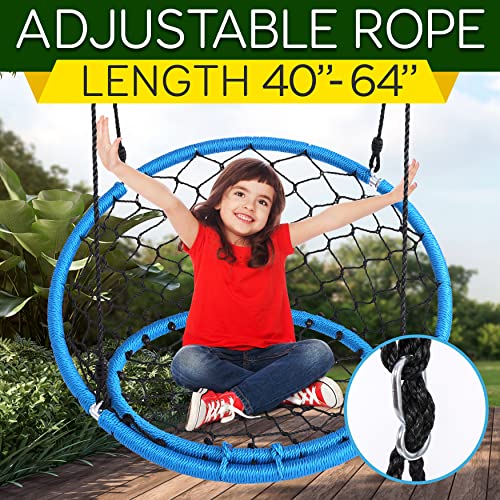 Serenelife Hanging Netted Seat Swing - 35.5" Inch Kids Indoor Outdoor Yard Round Circle Saucer Swing for Trees or Swing Sets - All Season UV Resistant Rope Swing Net Seat - SLSWNG125