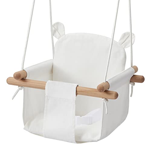 Secure Baby Swing Seat with Safety Belt - Baby Canvas and Wooden Swing Chair with Ear DÃ©cor Cushion - Indoor Swing for Infants & Baby Swing Outdoor - Tree Toddler Swing for Backyard Outside, White