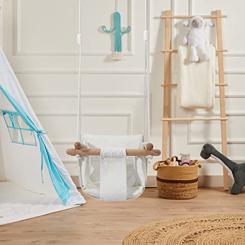 Secure Baby Swing Seat with Safety Belt - Baby Canvas and Wooden Swing Chair with Lace DÃ©cor Cushion -Indoor Swing for Infants & Baby Swing Outdoor - Tree Toddler Swing for Backyard Outside, White