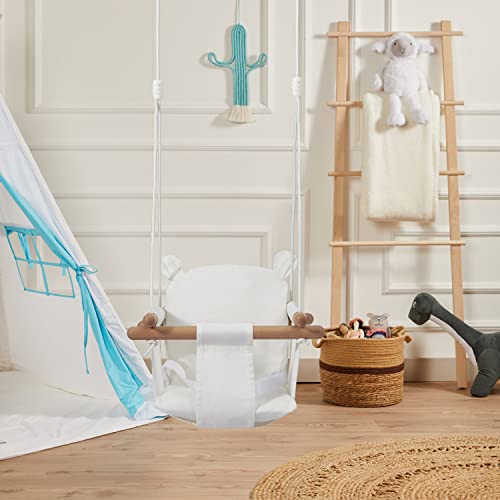 Secure Baby Swing Seat with Safety Belt - Baby Canvas and Wooden Swing Chair with Ear DÃ©cor Cushion - Indoor Swing for Infants & Baby Swing Outdoor - Tree Toddler Swing for Backyard Outside, White