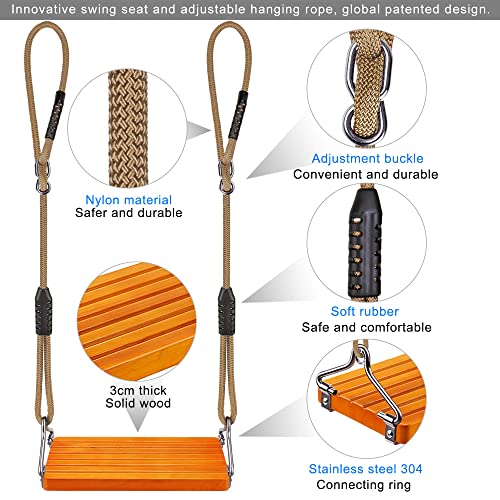 SELEWARE 17.5" X 8.2" Non Slip Wooden Swing, Hanging Wooden Tree Swing Seat with Length Adjustable Nylon Rope and Stainless Steel Snap Hook Swing Set for Adult Kid Indoor Outdoor Playground Backyard