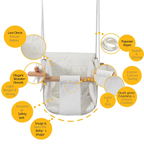 Secure Baby Swing Seat with Safety Belt - Baby Canvas and Wooden Swing Chair with Lace DÃ©cor Cushion -Indoor Swing for Infants & Baby Swing Outdoor - Tree Toddler Swing for Backyard Outside, White