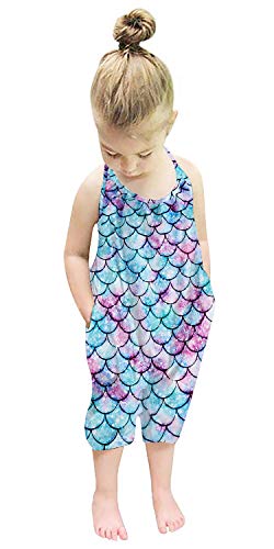RAISEVERN Toddler Girl Rompers Infant Sleeveless Mermaid Harem Slouch Jumpsuits Kid Jumpers Summer Beach Party Overalls with Pocket,4-5T