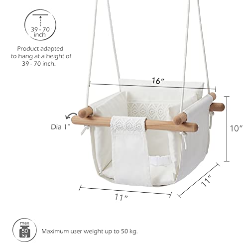 Secure Baby Swing Seat with Safety Belt - Baby Canvas and Wooden Swing Chair with Lace DÃ©cor Cushion -Indoor Swing for Infants & Baby Swing Outdoor - Tree Toddler Swing for Backyard Outside, White