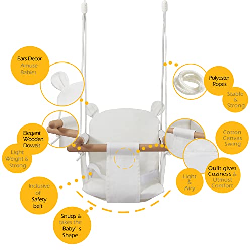 Secure Baby Swing Seat with Safety Belt - Baby Canvas and Wooden Swing Chair with Ear DÃ©cor Cushion - Indoor Swing for Infants & Baby Swing Outdoor - Tree Toddler Swing for Backyard Outside, White