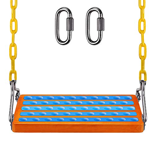 SELEWARE 17.5" X 8.2" Non Slip Wooden Swing Seat , Hanging Wooden Tree Swing Seat with 65" Metal Chain Plastic Coated and Snap Hook Swing Set for Adult Kid Indoor Outdoor Playground Backyard, Blue