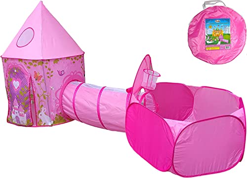 Playz 3pc Girls Princess Fairy Tale Castle Play Tent, Crawl Tunnel & Ball Pit w/ Pink Prairie Design - Foldable for Indoor & Outdoor Use w/ Zipper Storage Case