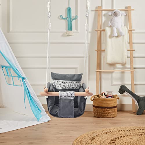 Secure Baby Swing Seat with Safety Belt - Baby Canvas and Wooden Swing Chair with Lace DÃ©cor Cushion - Hanging Indoor Swing for Infants & Baby Swing Outdoor - Tree Toddler Swing for Backyard Outside