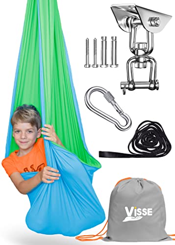 Sensory Swing Indoor Outdoor + 360° Swivel Hanger - Solid Indoor Swing for Kids & Adults - Helps with Sensory Processing Disorder, Autism, ADHD - Convertible Therapy Swing Great for Calming & Playing