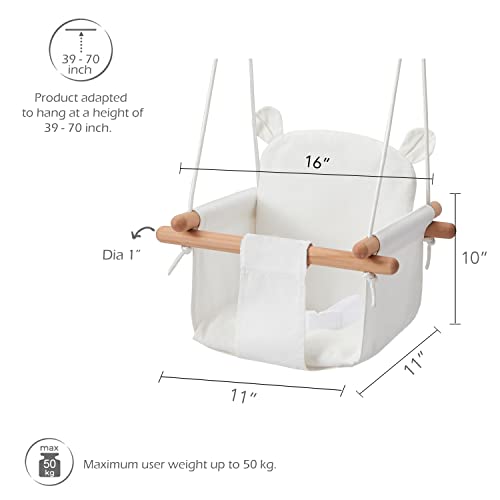 Secure Baby Swing Seat with Safety Belt - Baby Canvas and Wooden Swing Chair with Ear DÃ©cor Cushion - Indoor Swing for Infants & Baby Swing Outdoor - Tree Toddler Swing for Backyard Outside, White
