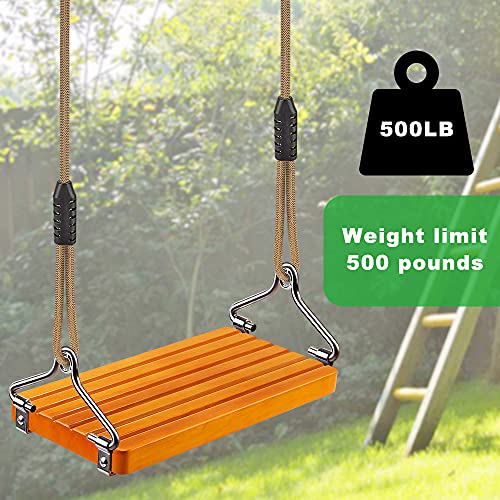 SELEWARE 17.5" X 8.2" Non Slip Wooden Swing, Hanging Wooden Tree Swing Seat with Length Adjustable Nylon Rope and Stainless Steel Snap Hook Swing Set for Adult Kid Indoor Outdoor Playground Backyard