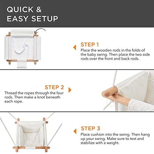 Secure Baby Swing Seat with Safety Belt - Baby Canvas and Wooden Swing Chair with Lace DÃ©cor Cushion -Indoor Swing for Infants & Baby Swing Outdoor - Tree Toddler Swing for Backyard Outside, White