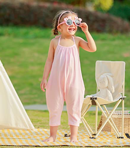 RAISEVERN Pink Rompers for Baby Girls Toddler Jumpsuits for Kid Overalls Sleeveless Dinosaur Halter Girls Jumpers with Pocket Travel Party Cute Pants, 3-4T