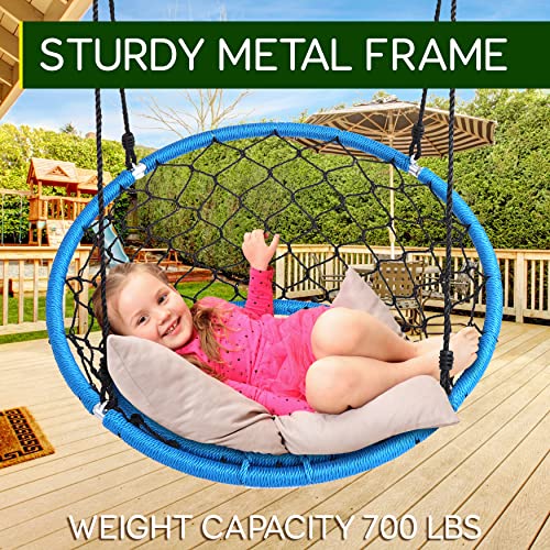 Serenelife Hanging Netted Seat Swing - 35.5" Inch Kids Indoor Outdoor Yard Round Circle Saucer Swing for Trees or Swing Sets - All Season UV Resistant Rope Swing Net Seat - SLSWNG125