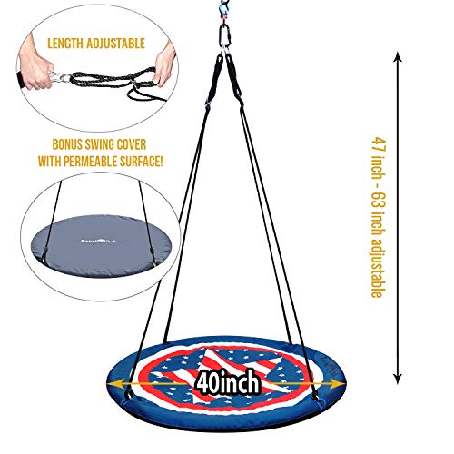 Saucer Tree Swing ,Giant 40 Inches with Carabiners and Flags, 700 lb Weight Capacity, Steel Frame, Waterproof, Easy to Install with Step by Step Instructions, Non-Stop Fun! (US Flag)