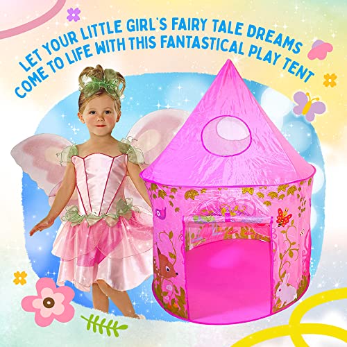 Playz 3pc Girls Princess Fairy Tale Castle Play Tent, Crawl Tunnel & Ball Pit w/ Pink Prairie Design - Foldable for Indoor & Outdoor Use w/ Zipper Storage Case