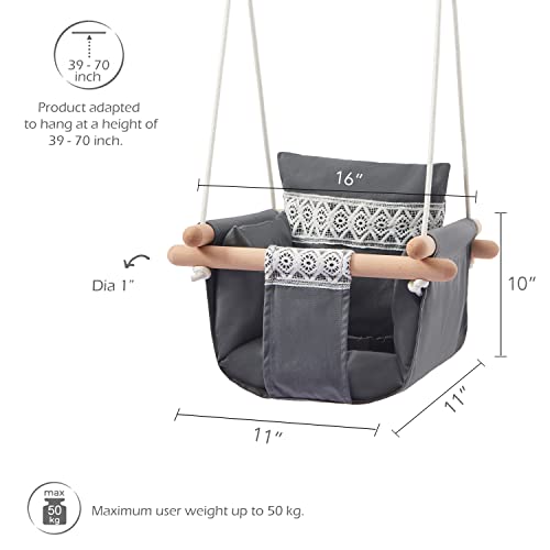 Secure Baby Swing Seat with Safety Belt - Baby Canvas and Wooden Swing Chair with Lace DÃ©cor Cushion - Hanging Indoor Swing for Infants & Baby Swing Outdoor - Tree Toddler Swing for Backyard Outside