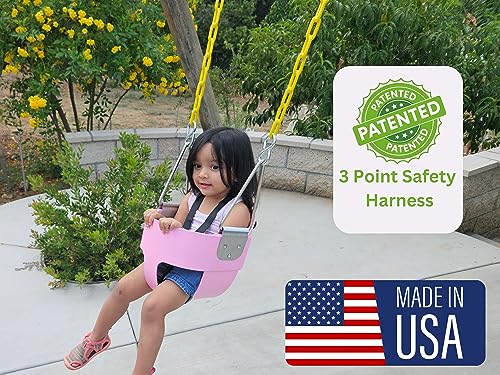 Safari Swings Heavy Duty High Back Full Bucket Toddler Swing Seat, Fully Assembled with Coated Swing Chains & Exclusive Safety Harness (Pink)