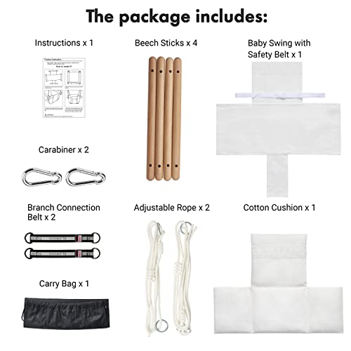 Secure Baby Swing Seat with Safety Belt - Baby Canvas and Wooden Swing Chair with Lace DÃ©cor Cushion -Indoor Swing for Infants & Baby Swing Outdoor - Tree Toddler Swing for Backyard Outside, White