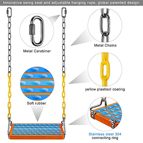 SELEWARE 17.5" X 8.2" Non Slip Wooden Swing Seat , Hanging Wooden Tree Swing Seat with 65" Metal Chain Plastic Coated and Snap Hook Swing Set for Adult Kid Indoor Outdoor Playground Backyard, Blue