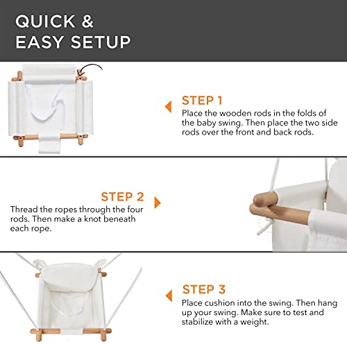 Secure Baby Swing Seat with Safety Belt - Baby Canvas and Wooden Swing Chair with Ear DÃ©cor Cushion - Indoor Swing for Infants & Baby Swing Outdoor - Tree Toddler Swing for Backyard Outside, White