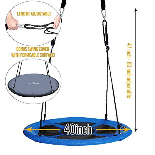 Saucer Tree Swing ,Giant 40 Inches with Carabiners and Flags, 700 lb Weight Capacity, Steel Frame, Waterproof, Easy to Install with Step by Step Instructions, Non-Stop Fun! (Blue)