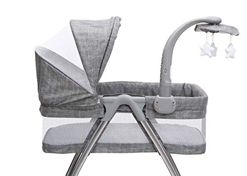 Simmons Kids City Sleeper Bedside Bassinet Portable Crib - Activity Mobile Arm with Nightlight, Vibrations, Twinkle Lights and Rotating Stars, Grey Tweed