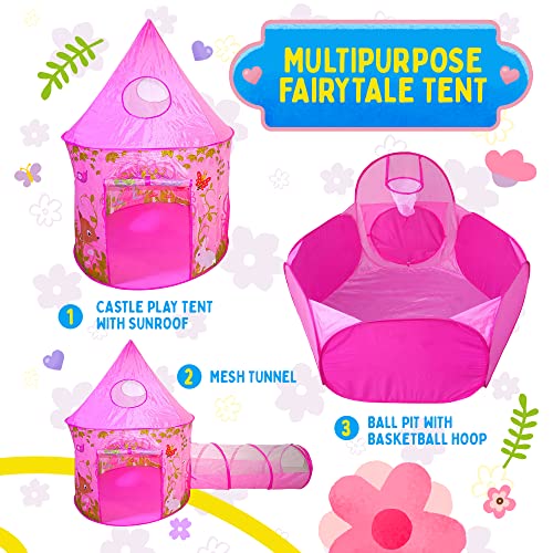 Playz 3pc Girls Princess Fairy Tale Castle Play Tent, Crawl Tunnel & Ball Pit w/ Pink Prairie Design - Foldable for Indoor & Outdoor Use w/ Zipper Storage Case