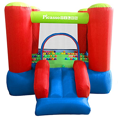 PicassoTiles KC106 8x7 Foot Junior Inflatable Bouncer, Jumping Bouncing House, Jump Slide Playhouse w/ 50 Pit Balls, 3 Sides Mesh Protection, and Heavy-Duty GFCI ETL Certified 385W Blower