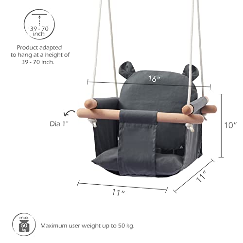 Secure Baby Swing Seat with Safety Belt - Baby Canvas and Wooden Swing Chair with Ear DÃ©cor Cushion - Hanging Indoor Swing for Infants & Baby Swing Outdoor - Tree Toddler Swing for Backyard Outside
