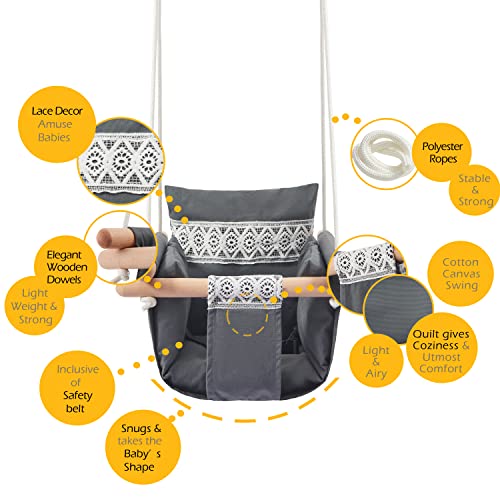 Secure Baby Swing Seat with Safety Belt - Baby Canvas and Wooden Swing Chair with Lace DÃ©cor Cushion - Hanging Indoor Swing for Infants & Baby Swing Outdoor - Tree Toddler Swing for Backyard Outside
