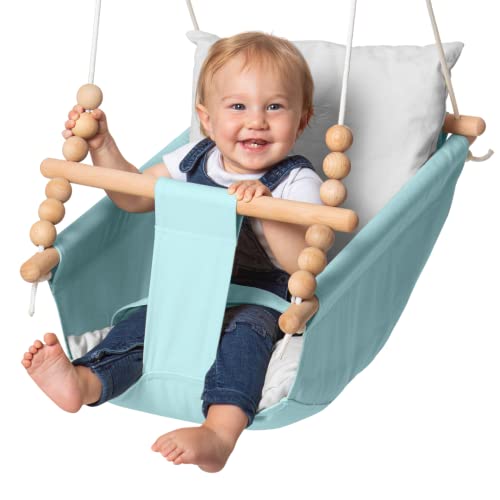 Outdoor and Indoor Baby Hammock Swing Seat by Frobel - Canvas Boho Hanging Baby Swing for Baby to Toddler 1 Year to 4 Years Old, Hanging Kit and Anchor Included, Safe and Secure, Blue