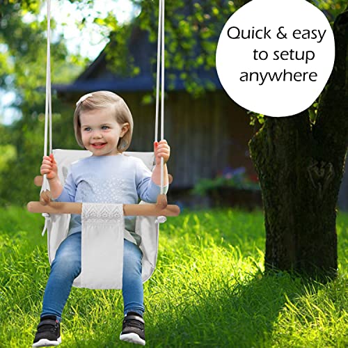 Secure Baby Swing Seat with Safety Belt - Baby Canvas and Wooden Swing Chair with Lace DÃ©cor Cushion -Indoor Swing for Infants & Baby Swing Outdoor - Tree Toddler Swing for Backyard Outside, White