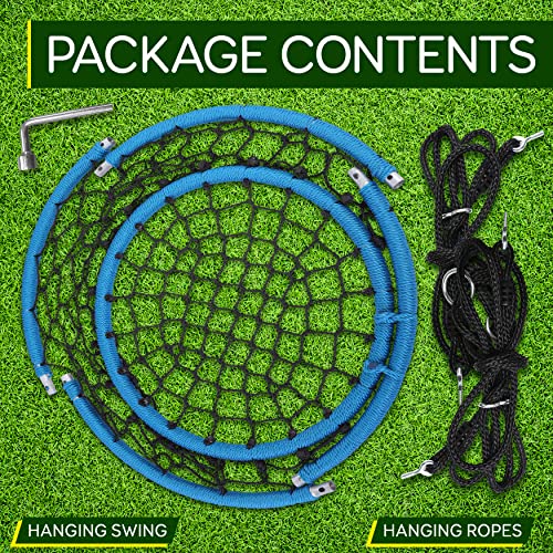 Serenelife Hanging Netted Seat Swing - 35.5" Inch Kids Indoor Outdoor Yard Round Circle Saucer Swing for Trees or Swing Sets - All Season UV Resistant Rope Swing Net Seat - SLSWNG125