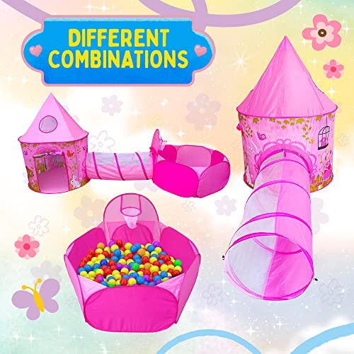 Playz 3pc Girls Princess Fairy Tale Castle Play Tent, Crawl Tunnel & Ball Pit w/ Pink Prairie Design - Foldable for Indoor & Outdoor Use w/ Zipper Storage Case