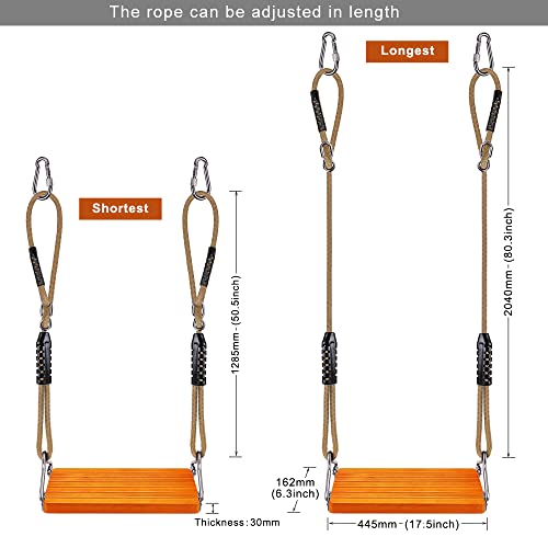 SELEWARE 17.5" X 8.2" Non Slip Wooden Swing, Hanging Wooden Tree Swing Seat with Length Adjustable Nylon Rope and Stainless Steel Snap Hook Swing Set for Adult Kid Indoor Outdoor Playground Backyard