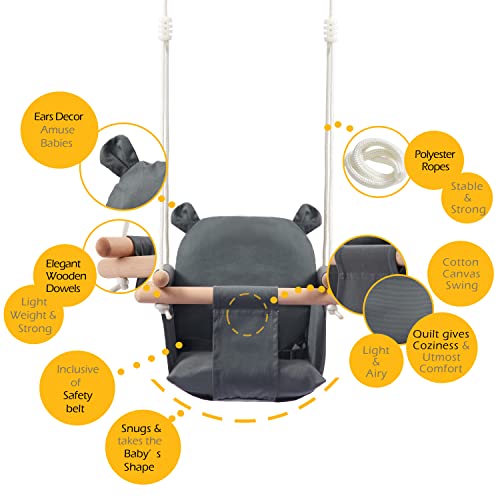 Secure Baby Swing Seat with Safety Belt - Baby Canvas and Wooden Swing Chair with Ear DÃ©cor Cushion - Hanging Indoor Swing for Infants & Baby Swing Outdoor - Tree Toddler Swing for Backyard Outside