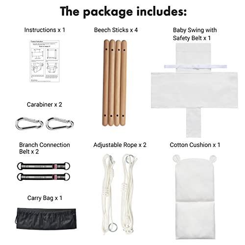 Secure Baby Swing Seat with Safety Belt - Baby Canvas and Wooden Swing Chair with Ear DÃ©cor Cushion - Indoor Swing for Infants & Baby Swing Outdoor - Tree Toddler Swing for Backyard Outside, White