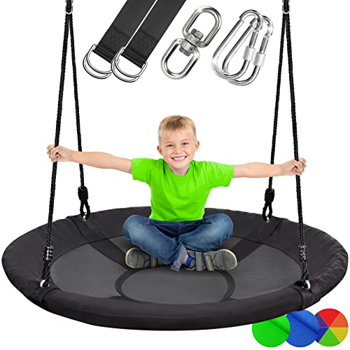 Outdoor Spinner Saucer Tree Swing - Hanging Tree Round Circular Flying Saucer in Rope Straps w/ Cushion Padded Metal Frame, Polyester Fabric Seat, Great for Kids, Adult - SereneLife SLSWNG100