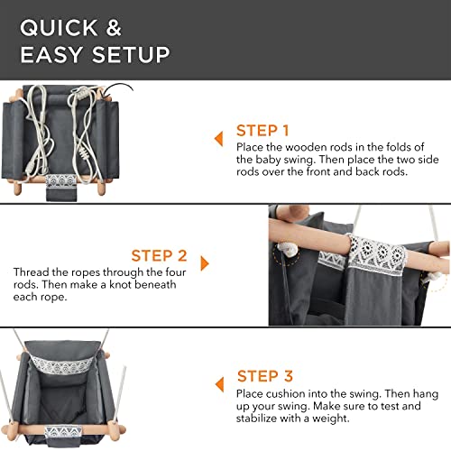 Secure Baby Swing Seat with Safety Belt - Baby Canvas and Wooden Swing Chair with Lace DÃ©cor Cushion - Hanging Indoor Swing for Infants & Baby Swing Outdoor - Tree Toddler Swing for Backyard Outside