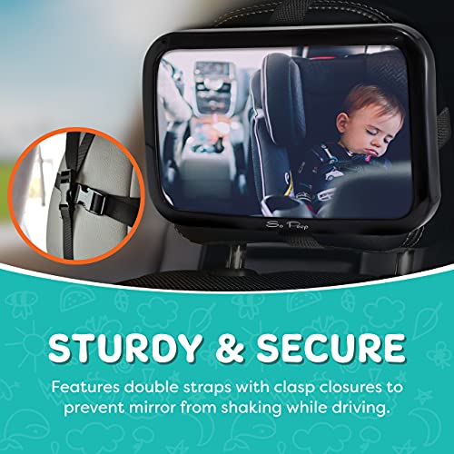 Shatterproof Baby Backseat Mirror for Car - View Infant in Rear Facing Car Seat - Newborn Safety with Secure Crash Tested Headrest Double-Strap - Essential Car Seat Accessories
