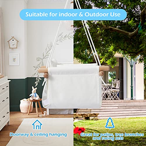 Secure Baby Swing Seat with Safety Belt - Baby Canvas and Wooden Swing Chair with Lace DÃ©cor Cushion -Indoor Swing for Infants & Baby Swing Outdoor - Tree Toddler Swing for Backyard Outside, White
