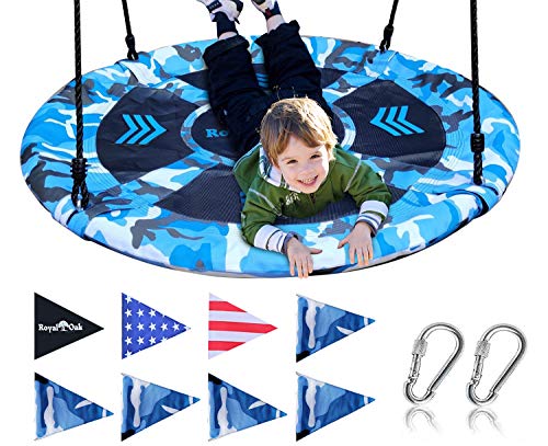 Saucer Tree Swing ,Giant 40 Inches with Carabiners and Flags, 700 lb Weight Capacity, Steel Frame, Waterproof, Easy to Install with Step by Step Instructions, Non-Stop Fun! (Blue Camo)