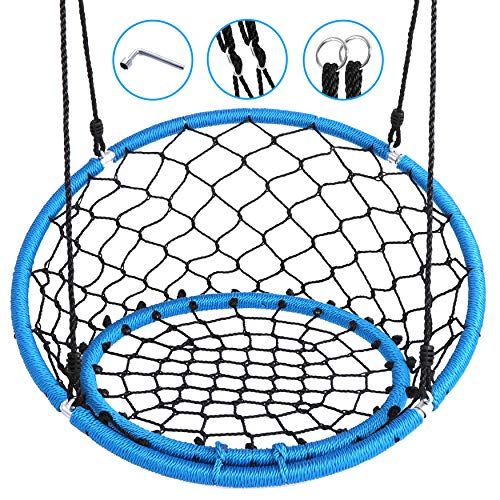 Serenelife Hanging Netted Seat Swing - 35.5" Inch Kids Indoor Outdoor Yard Round Circle Saucer Swing for Trees or Swing Sets - All Season UV Resistant Rope Swing Net Seat - SLSWNG125